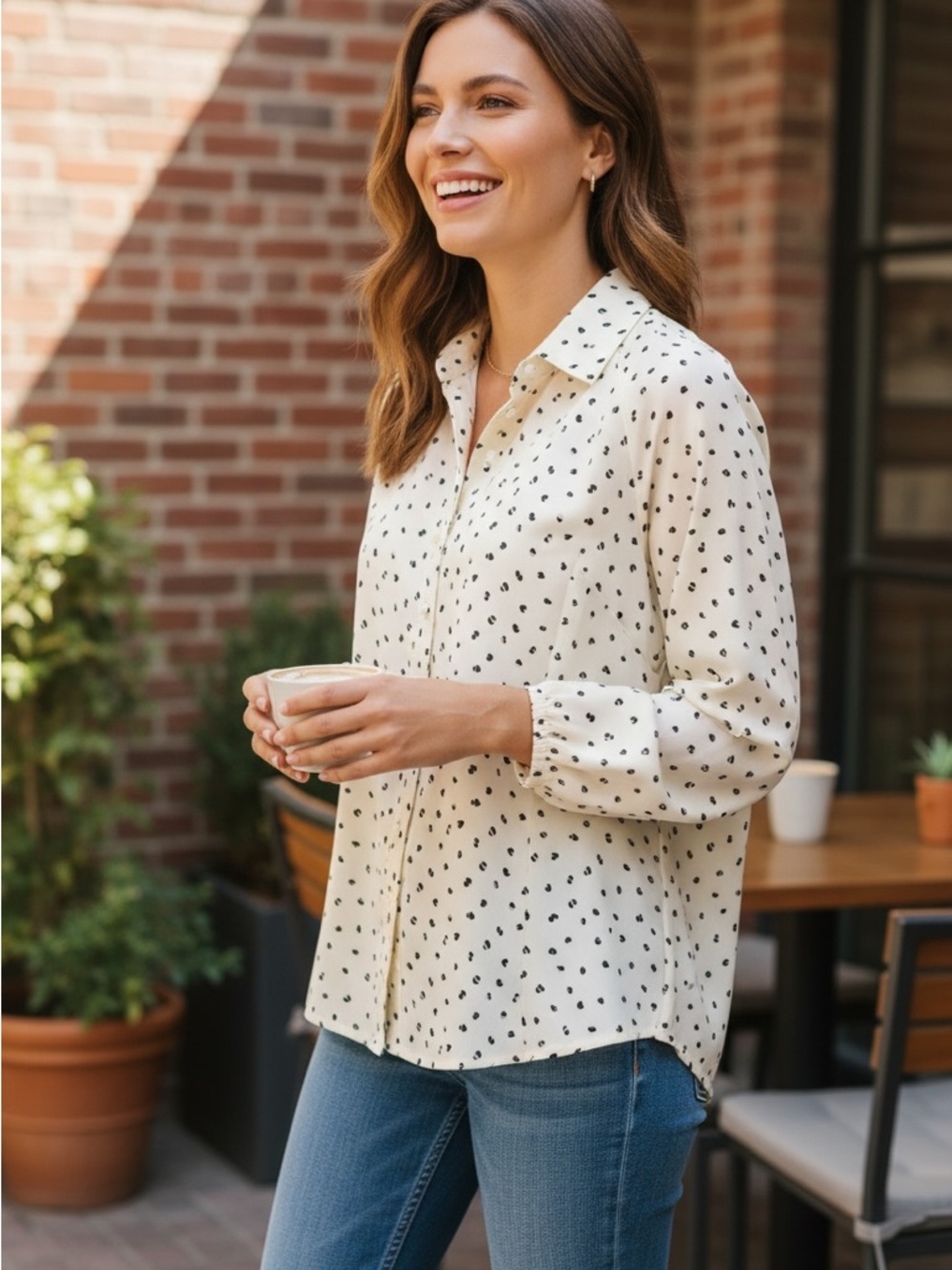 Oat New York Cream Print Elastic Cuff Raglan Sleeve Button Front Blouse Size XS